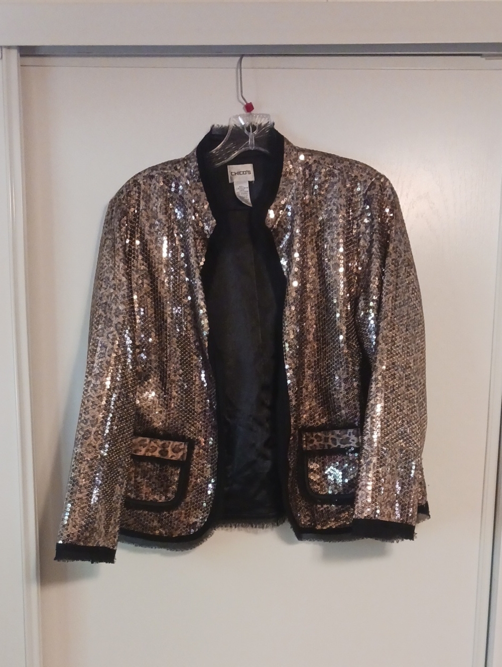 Chico's Gold Sequin Jacket with Leopard-Trim Pockets